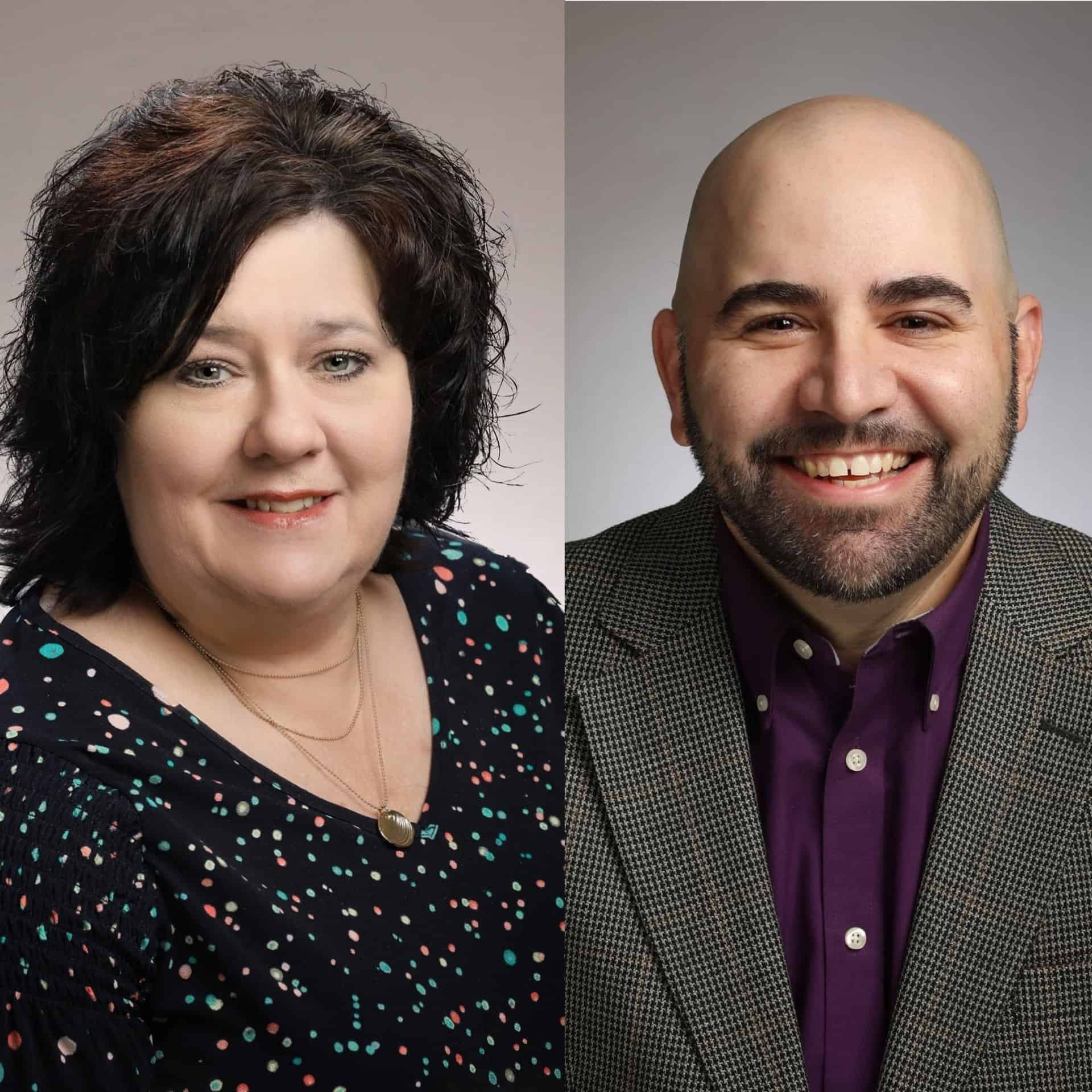 Side-by-side headshots: Missy Hall and Chris Baur