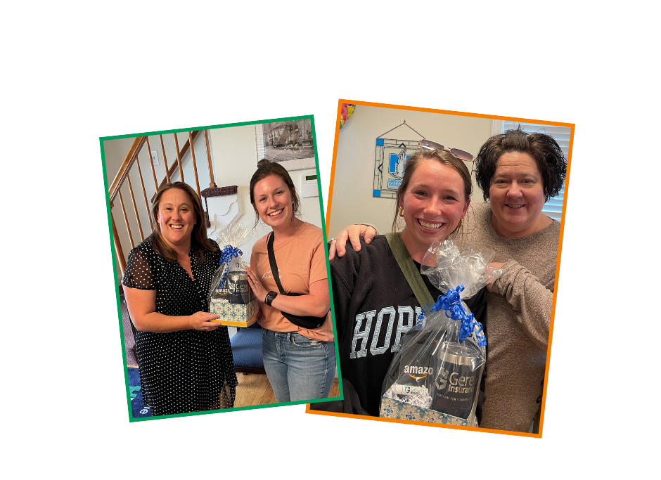 Two smiling women in each photo holding a blue-bow gift basket
