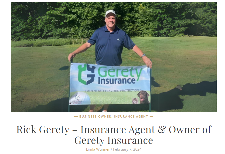 Rick Gerety holding Gerety Insurance banner on a golf course