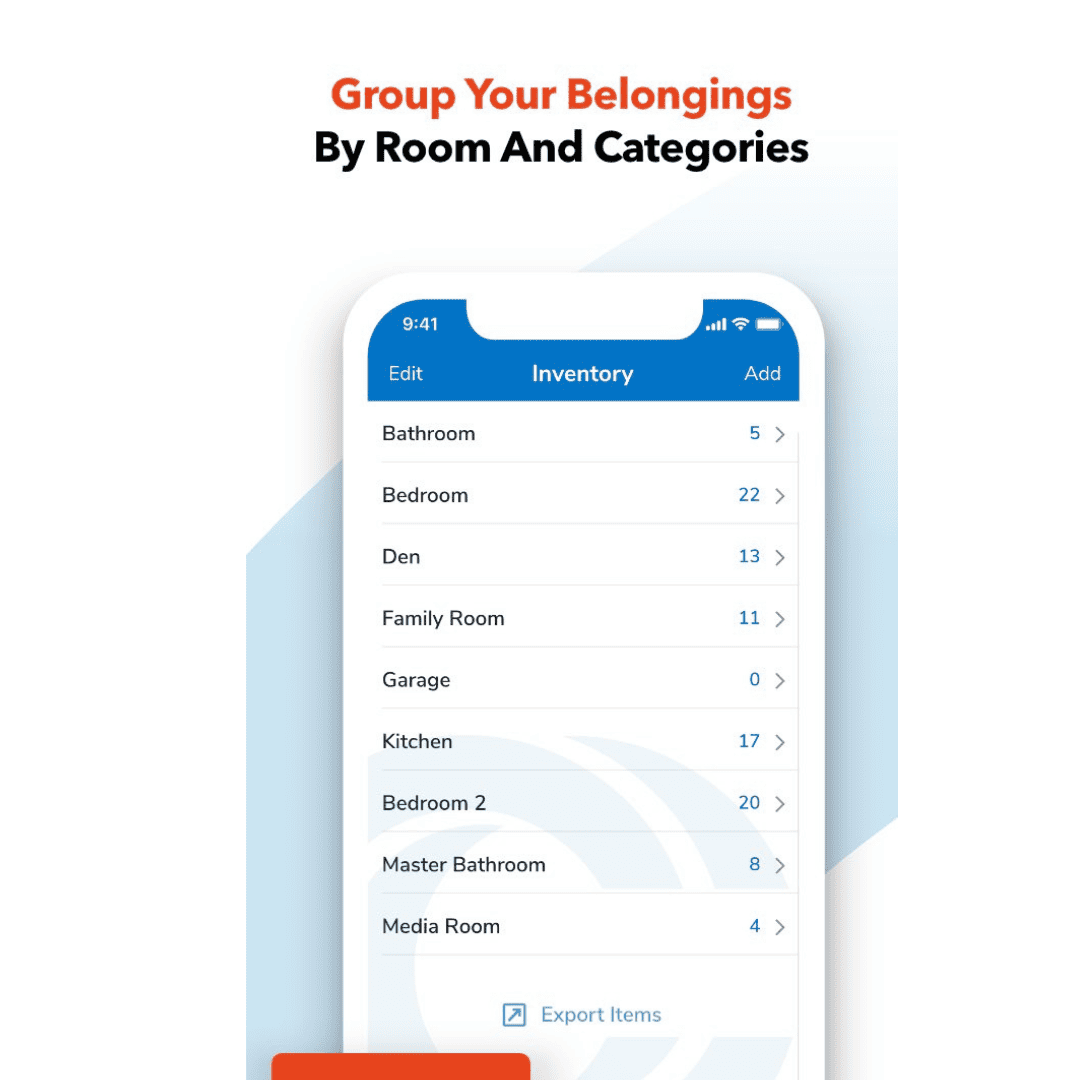 Smartphone inventory screen listing rooms with item counts.