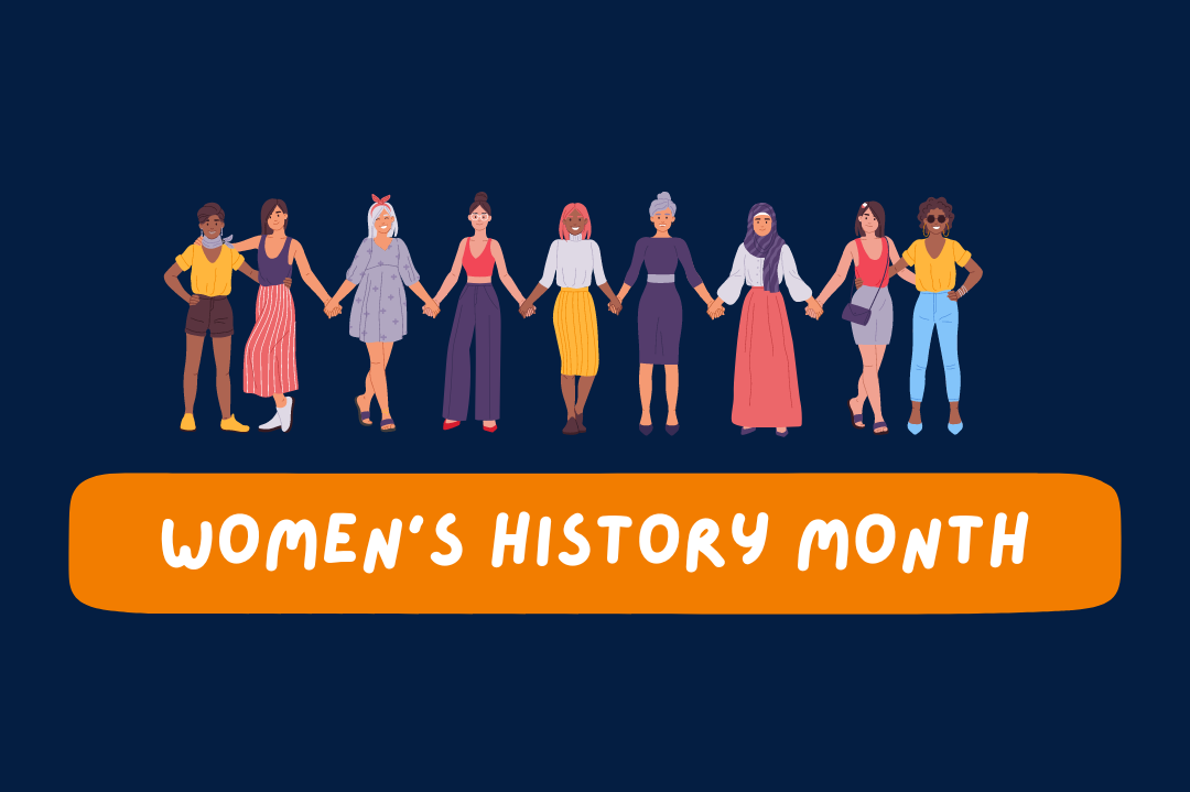 Diverse women holding hands above Women's History Month banner
