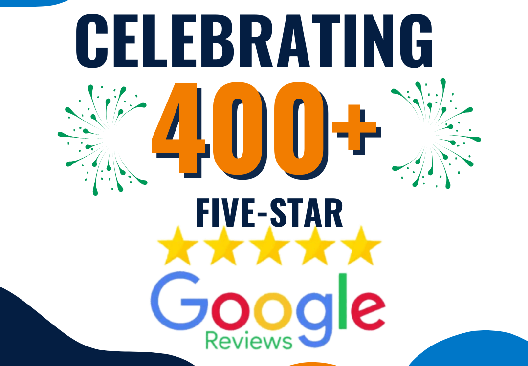 Celebrating 400+ five-star Google reviews with stars and fireworks