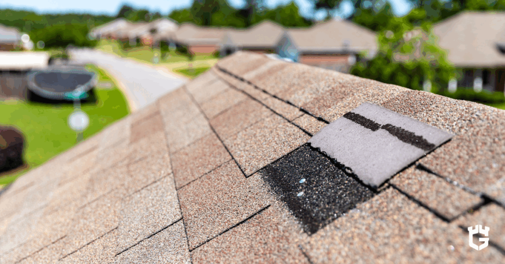 Close-up of asphalt roof shingles with a damaged lifted shingle