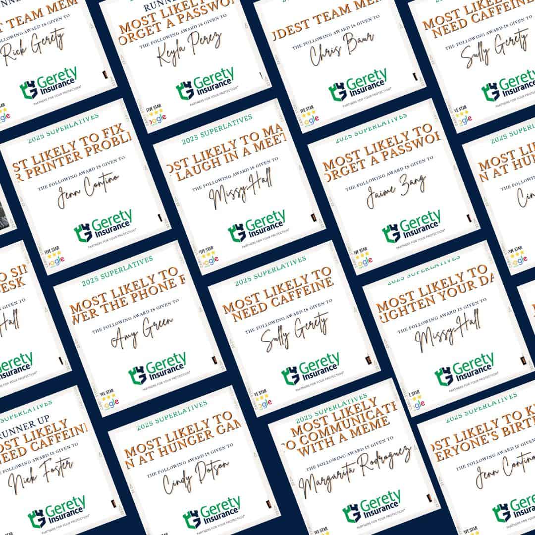 Tiled diagonal award cards with Gerety Insurance logo