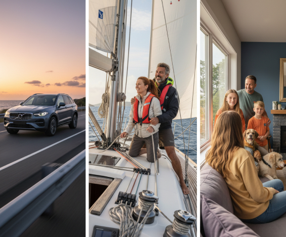 Triptych: car at sunset, couple sailing, family with dog