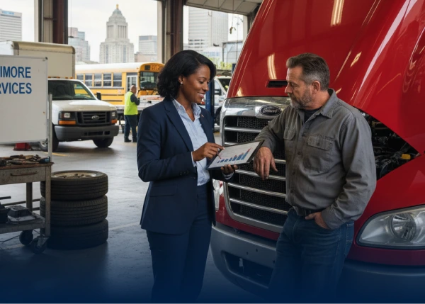 Businesswoman shows tablet to mechanic beside a red semi truck with open hood