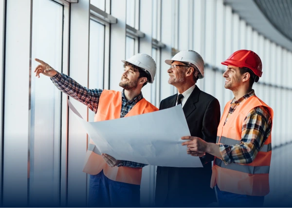 Three professionals in hard hats reviewing blueprints by a window