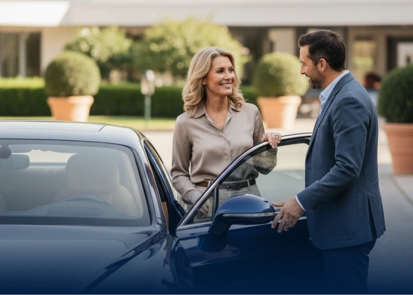 Woman driver smiling as man opens a car door for her