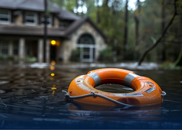 Orange lifebuoy floating in floodwater outside a partially submerged house