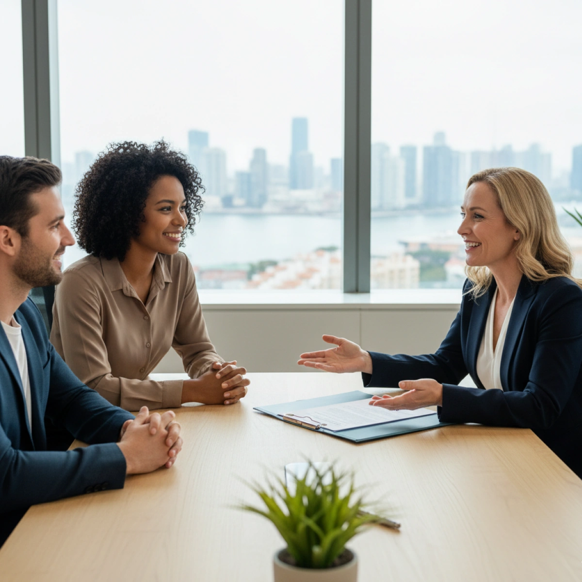 Three professionals having a discussion at a table with a city skyline in the background