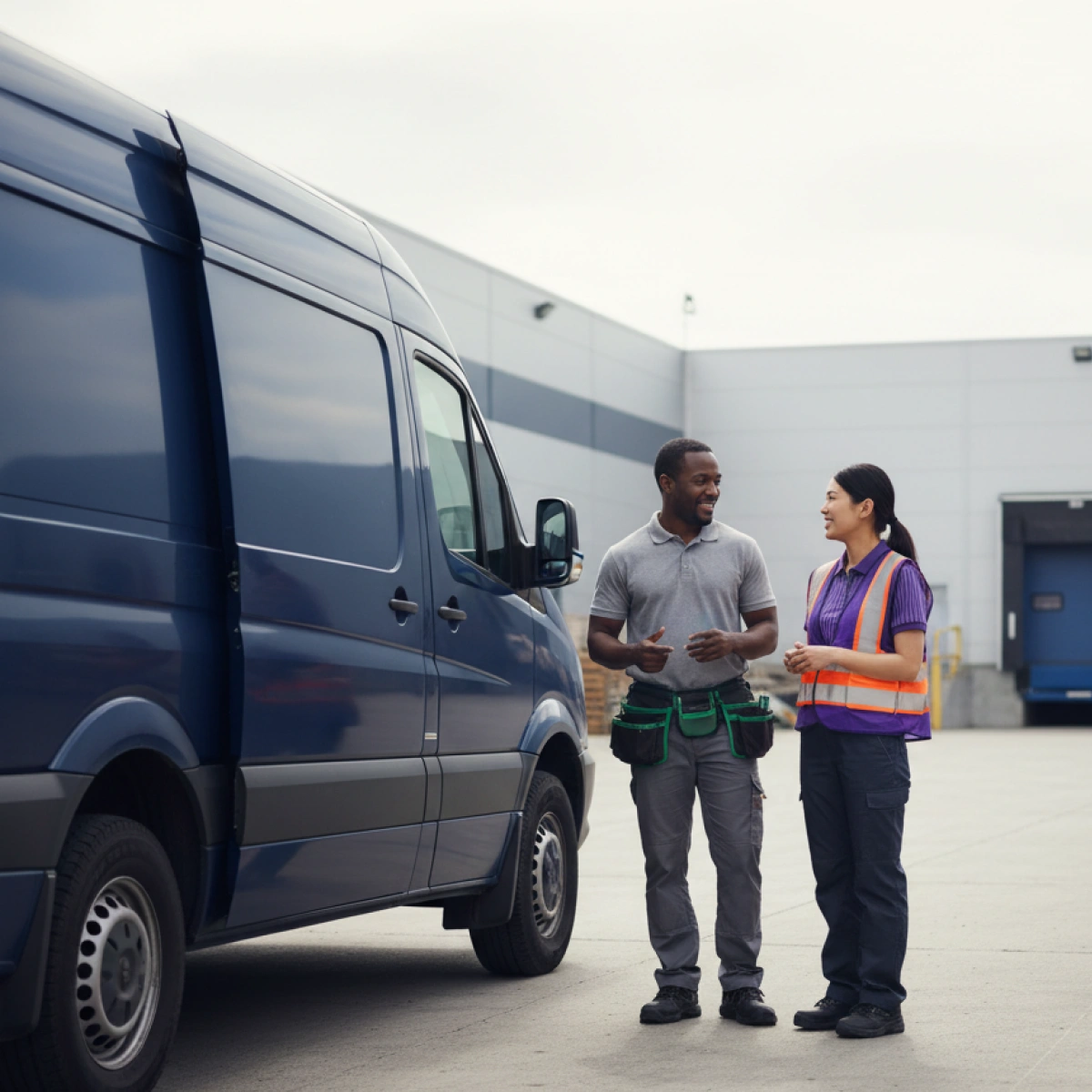 Two delivery workers talking beside a blue van outdoors.