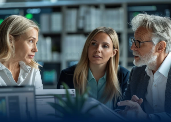 Three coworkers having a discussion