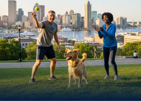 Couple playing fetch with golden dog on a hill overlooking city skyline