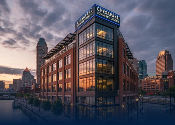 Chesapeake Commerce Center waterfront office building at sunset with reflections