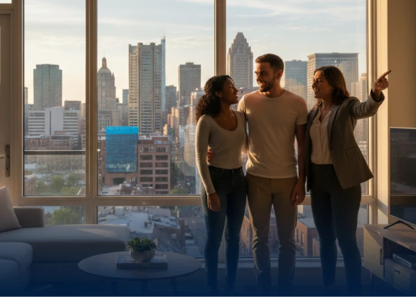 Couple toured by an agent in a city-view apartment with floor-to-ceiling windows