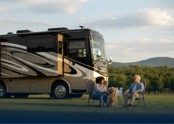 Older couple and dog seated beside a parked motorhome in a grassy field.
