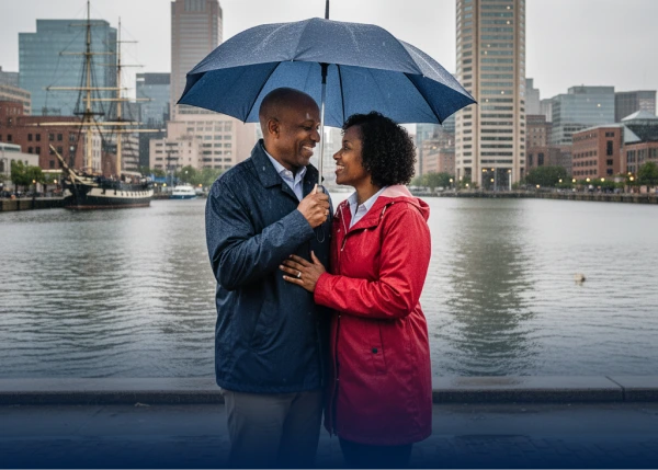 Smiling couple sharing a blue umbrella on a rainy city waterfront.