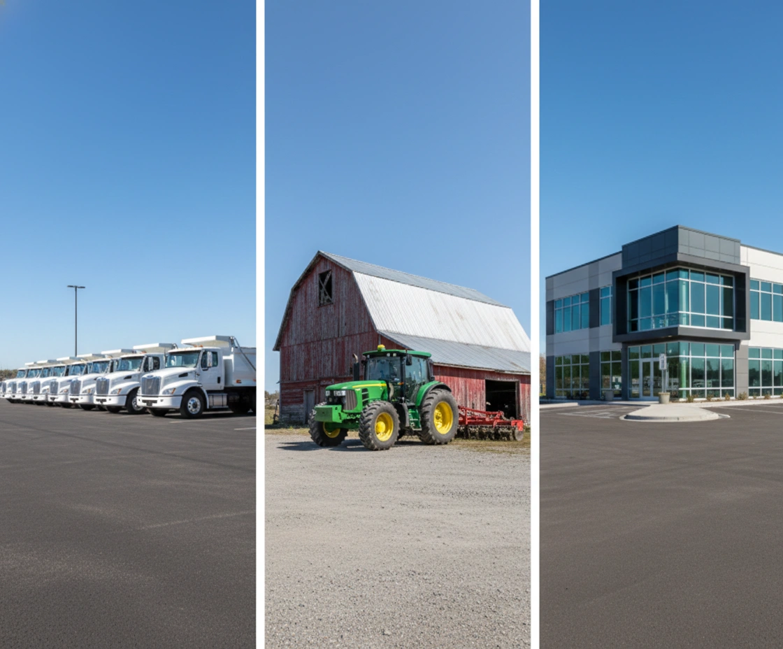 Row of white trucks, green tractor by red barn, and modern office building under clear skies