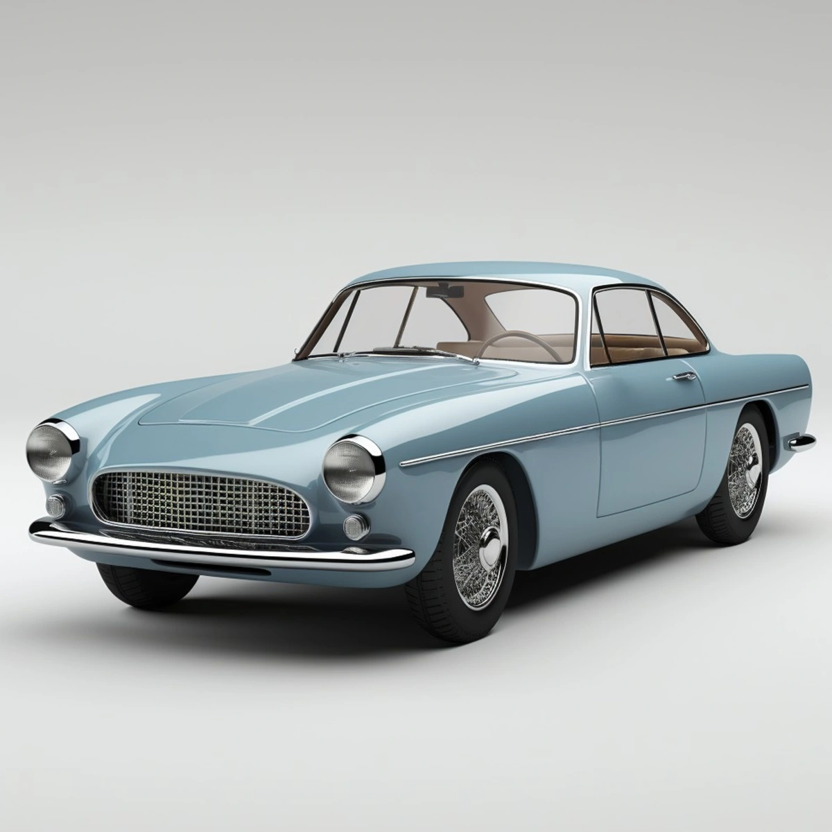 Light blue vintage sports car with chrome grille and wire-spoke wheels