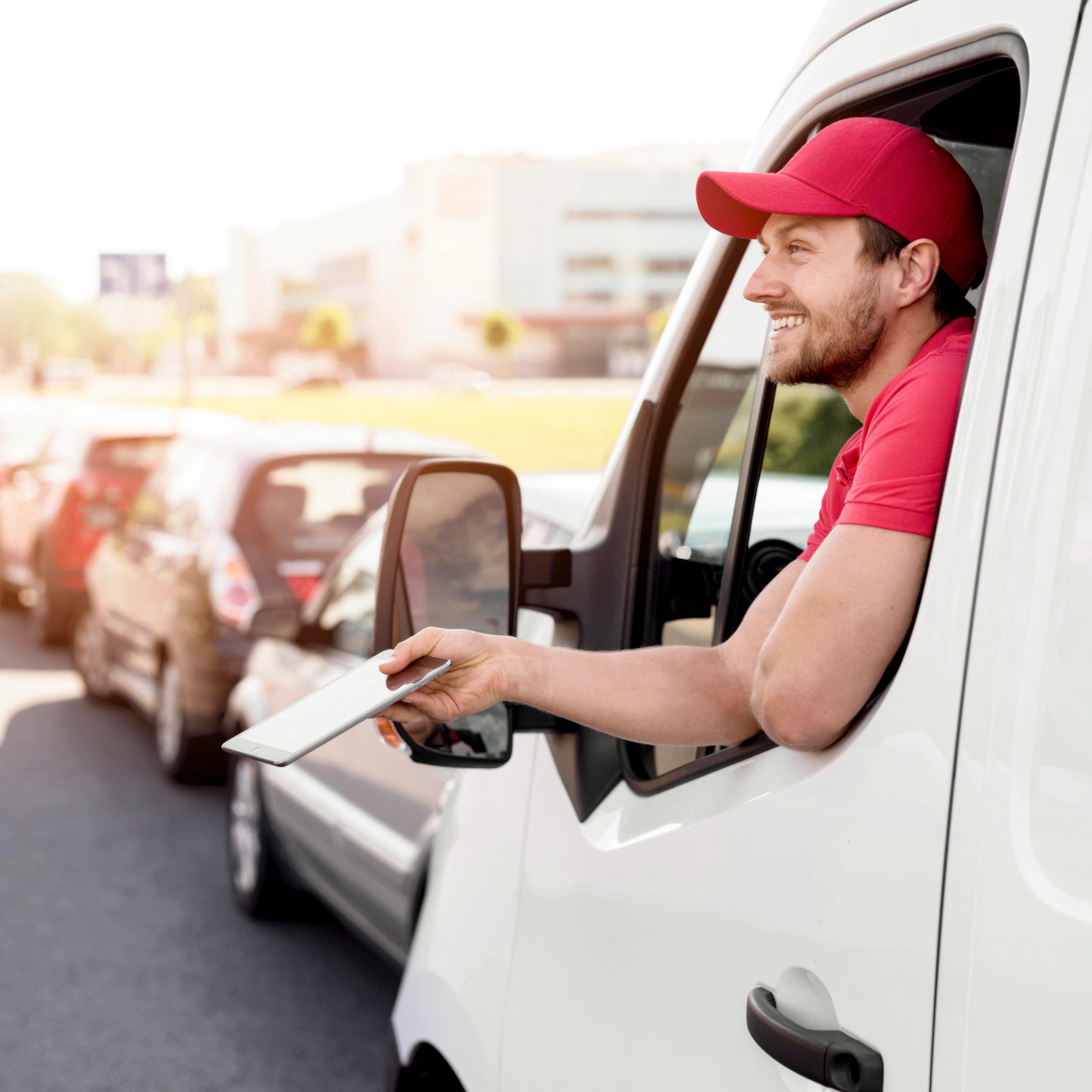 Smiling delivery man in red uniform handing a tablet out from a white van window in traffic.